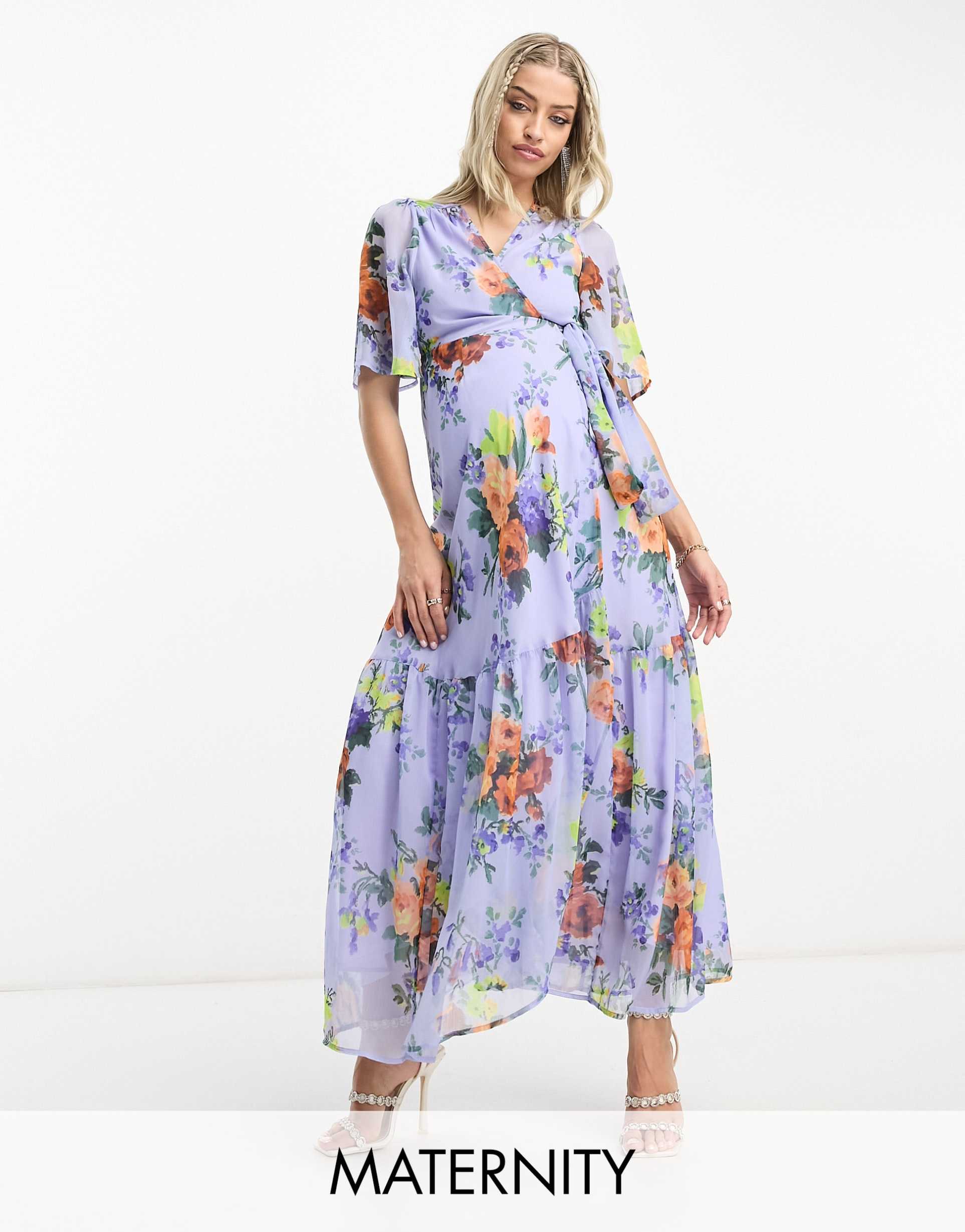 hope & ivy maternity flutter sleeve wrap midaxi dress in lilac floral