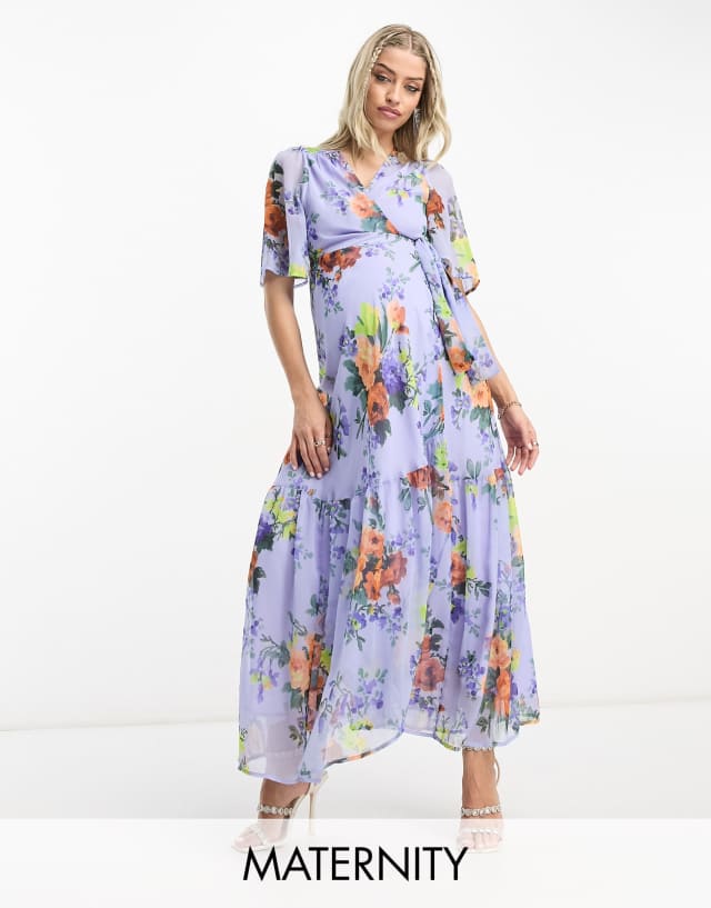 Hope & Ivy Maternity flutter sleeve wrap midaxi dress in lilac floral