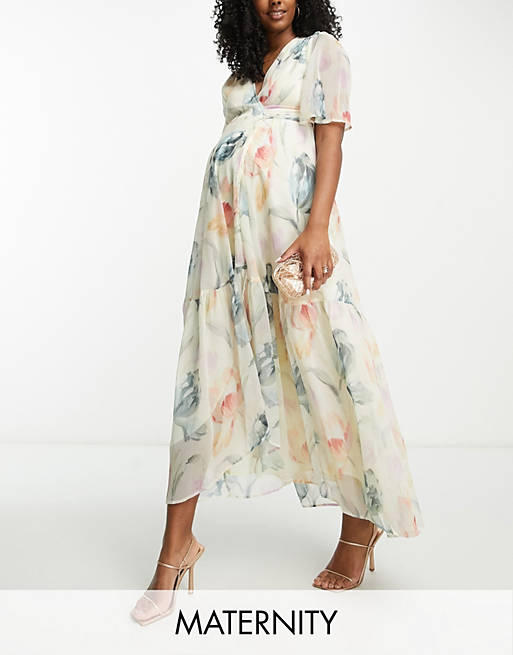 Hope & Ivy Maternity flutter sleeve wrap midi dress in cream floral