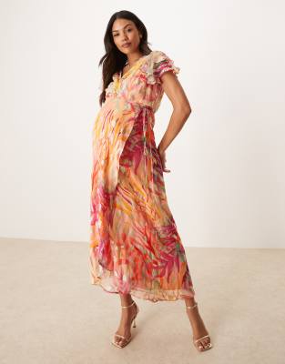 Hope & Ivy Maternity frill sleeve maxi wrap dress in coral with gold fleck - view 1