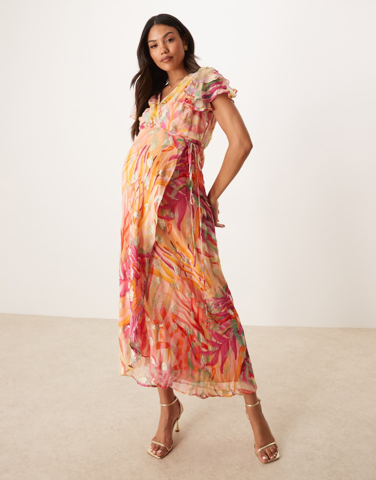 Hope & Ivy Maternity frill sleeve maxi wrap dress in coral with gold fleck