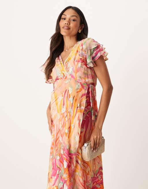 Hope & Ivy Maternity frill sleeve maxi wrap dress in coral with gold fleck, 2 of 4