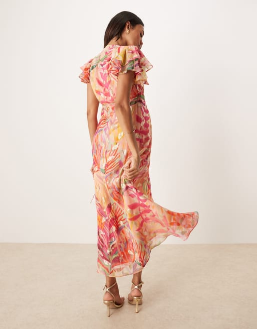 Hope & Ivy Maternity frill sleeve maxi wrap dress in coral with gold fleck, 3 of 4