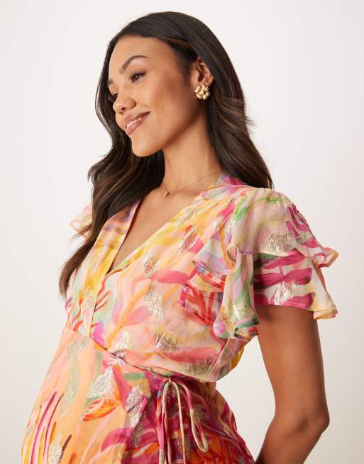 Hope & Ivy Maternity frill sleeve maxi wrap dress in coral with gold fleck, 4 of 4