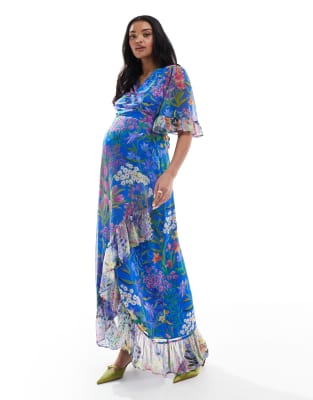 hope & ivy maternity frill sleeve maxi wrap dress with tie waist in blue print