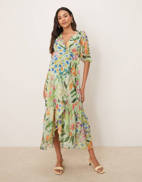 Hope & Ivy Maternity frill sleeve maxi wrap dress with tie waist in green print