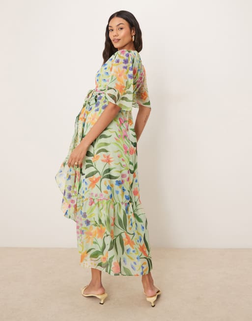 asos green maternity dress ASOS DESIGN Maternity button through pintuck maxi dress in green floral  print