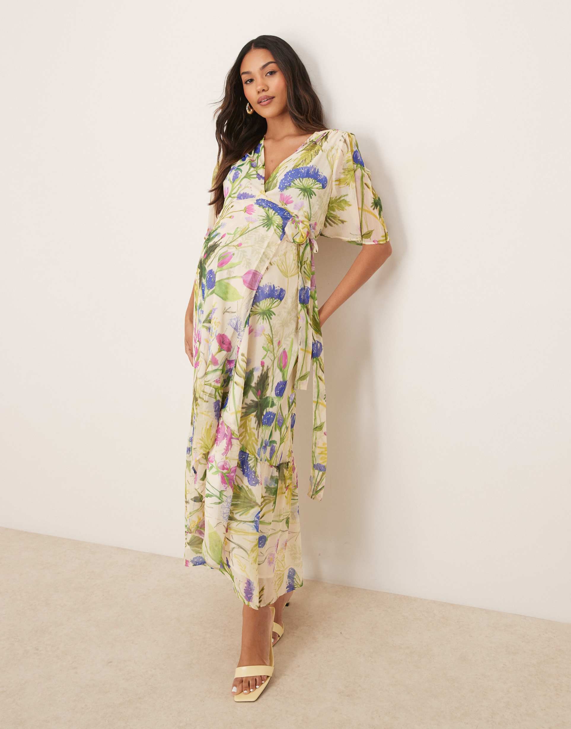 hope & ivy maternity frill sleeve maxi wrap dress with tie waist in white print