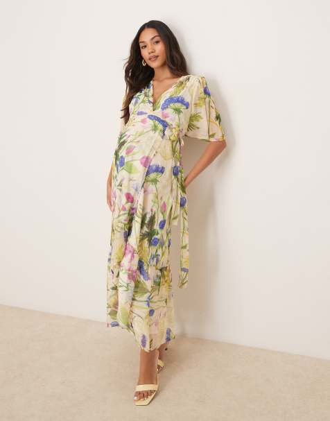 Hope & Ivy Maternity frill sleeve maxi wrap dress with tie waist in white print