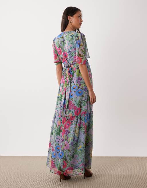 Hope & Ivy Maternity – Geblümtes Maxi-Wickelkleid in Flieder mit Flatterärmeln und Bindedetail, 3 von 4