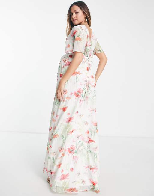 Hope & Ivy Maternity Greta floral print maxi dress in pink, 3 of 4
