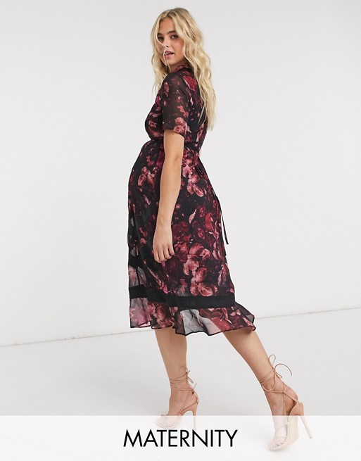 Hope & Ivy Maternity high neck midi dress with contrast lace trims in fuchsia floral