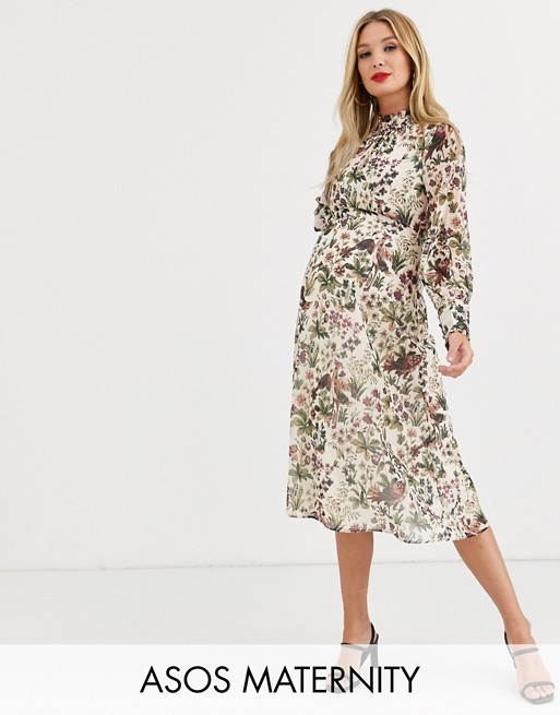 Hope & Ivy Maternity high neck midi dress with gathered cuff in cream tapestry print