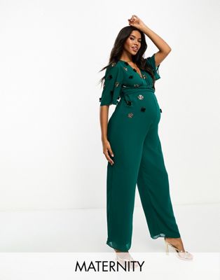 Hope & Ivy Maternity jumpsuit with embellishment in emerald  - ASOS Price Checker