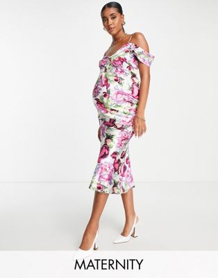 Hope & Ivy Maternity Kerry off shoulder printed dress in pink - ASOS Price Checker