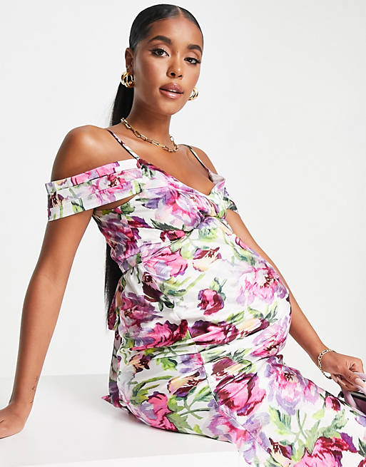 Women Hope & Ivy Maternity Kerry off shoulder printed dress in pink 