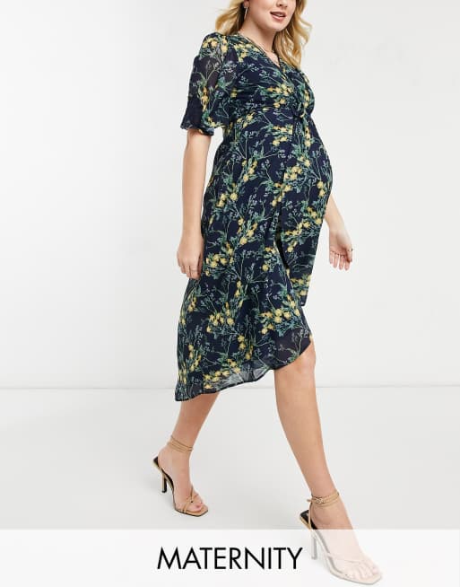 Hope Ivy Maternity kimono knot front midi dress in navy floral