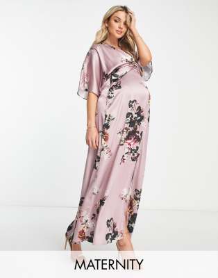 Hope & Ivy Maternity kimono sleeve satin maxi dress in mauve-Brown