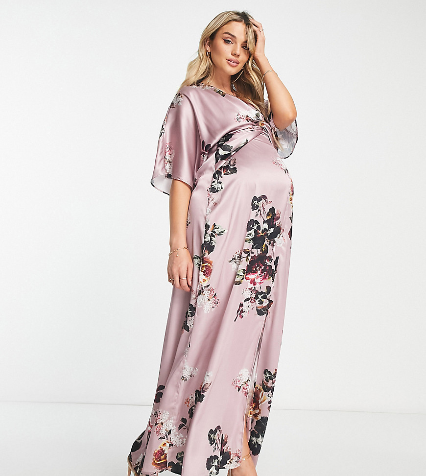 Hope & Ivy Maternity kimono sleeve satin maxi dress in mauve-Brown