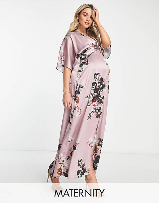 Hope & Ivy Maternity kimono sleeve satin maxi dress in mauve