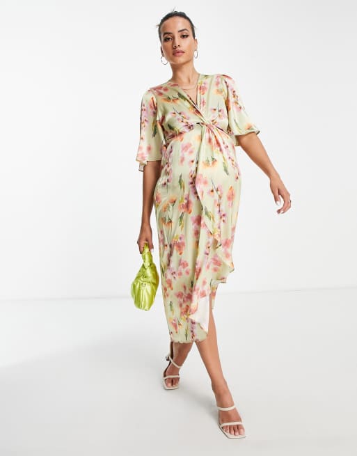 Hope Ivy Maternity knot front midi dress in sage floral