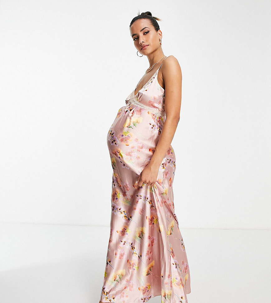Hope & Ivy Maternity lace insert satin maxi dress in lilac floral-White