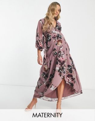 Hope & Ivy Maternity Lace Trim Wrap Maxi Dress In Mink Floral-purple