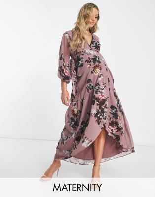 Hope & Ivy Maternity lace trim wrap maxi dress in mink floral-Purple