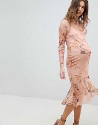 Hope & Ivy – Maternity – Langärmad mönstrad meshklänning med peplumfåll-Flerfärgad