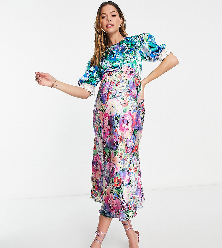 Hope & Ivy Maternity Lia double print floral dress in multicolor-Pink