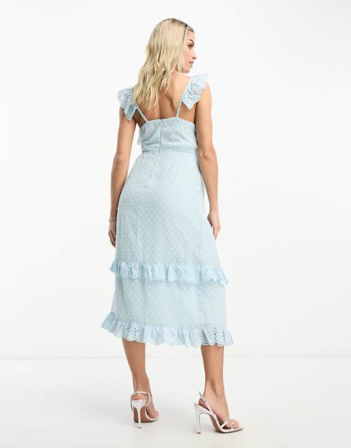 Hope & Ivy Maternity – Ljusblå, prickig midiklänning i dobbymesh med volang, 2 av 4