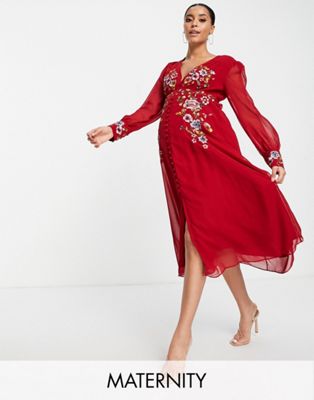 Hope & Ivy Maternity long sleeve embroidered midi tea dress in red