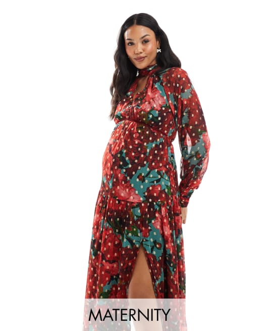 Hope & Ivy Maternity midaxi dress in metallic textured mesh in red floral 