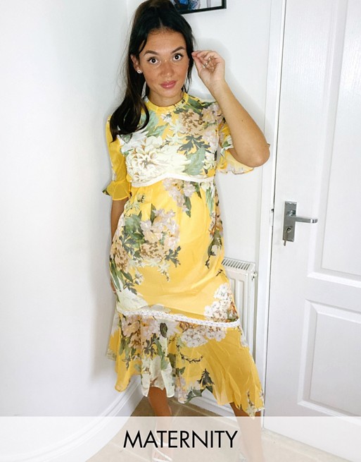 Hope & Ivy Maternity midaxi dress with ruffle hem in yellow based floral print