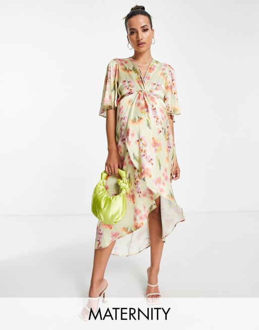 Hope & Ivy Maternity - Midi-jurk met geknoopte voorkant in saliekleurige bloemenprint