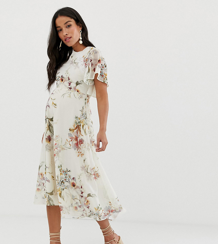 Hope & Ivy Maternity - Midi-jurk met open achterkant en bloemenprint in crème-Multi