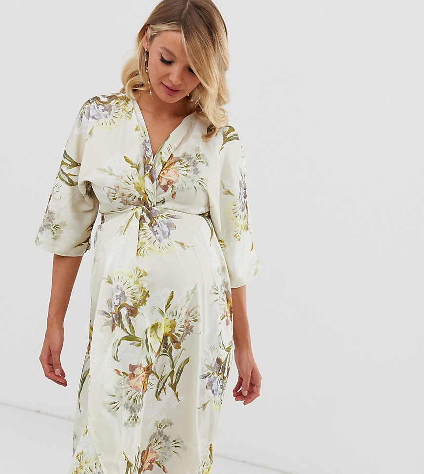 Hope & Ivy Maternity – Midiklänning med knut framtill och somrigt blommönster-Flerfärgad