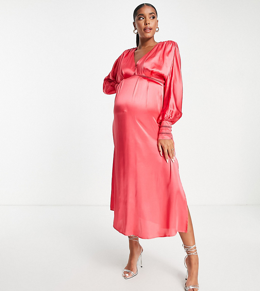 Hope & Ivy Maternity Milly satin batwing midi dress in coral-Pink