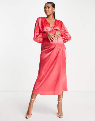 Milly - Vestito midi in raso color corallo con maniche ad ali di pipistrello-Rosa - Hope&Ivy Maternity  donna Rosa - immagine1
