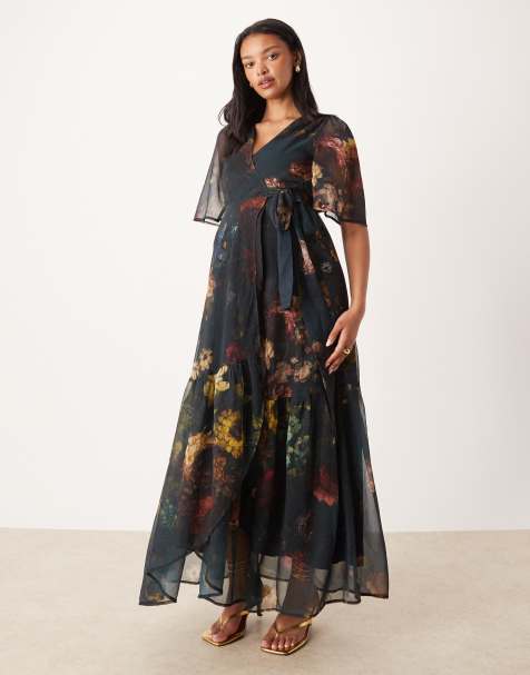 Hope & Ivy Maternity – Mörkgrön, blommig maxiklänning med omlottdesign framtill - view 1