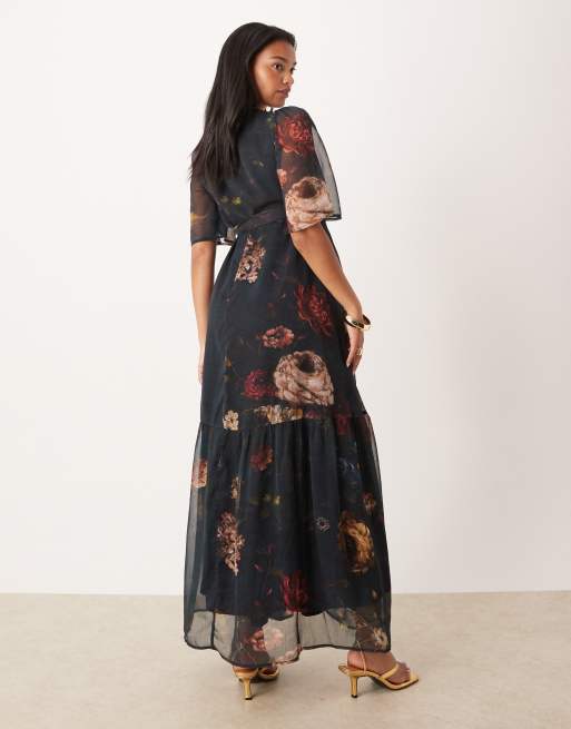 Hope & Ivy Maternity - Mørkegrøn slå-om-maxikjole med blomstermønster, 4 af 4