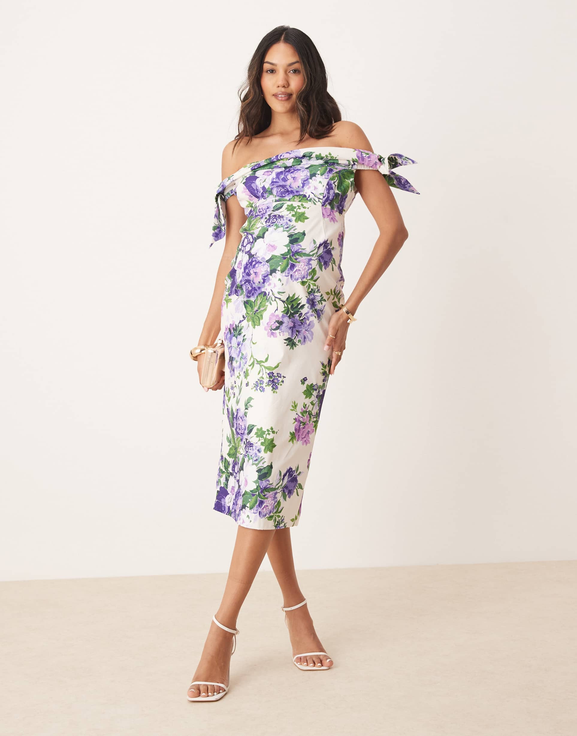 hope & ivy maternity off the shoulder sleeve pencil midi dress in white and purple