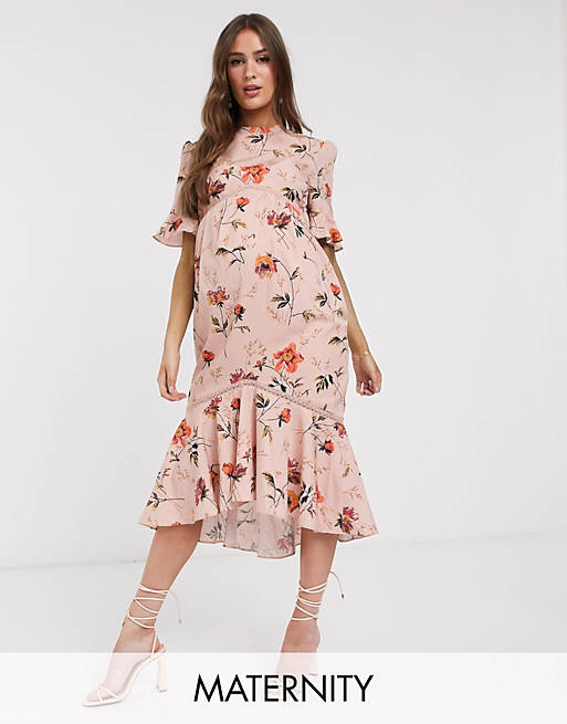 Hope & Ivy Maternity open back midiaxi dress with ruffle hem in poppy floral