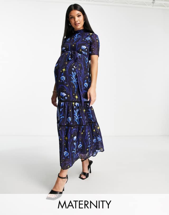 Hope & Ivy Maternity open back star print midi dress in cobalt