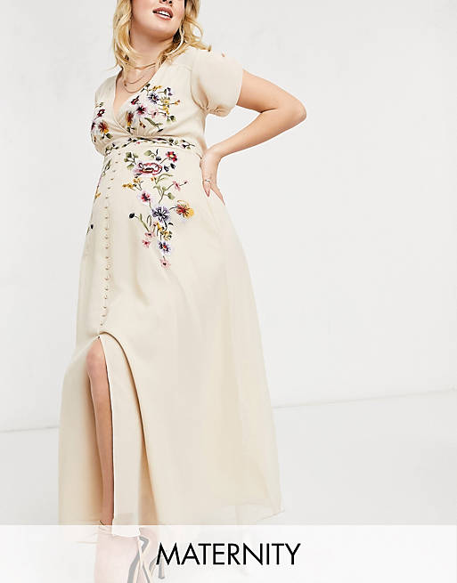 Hope & Ivy Maternity plunge floral embroidered midi tea dress in ivory