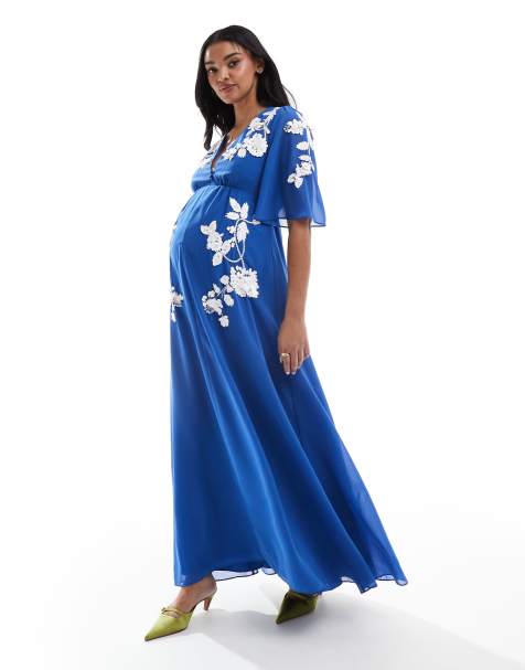 Hope & Ivy Maternity plunge front embellished maxi dress in blue - view 1
