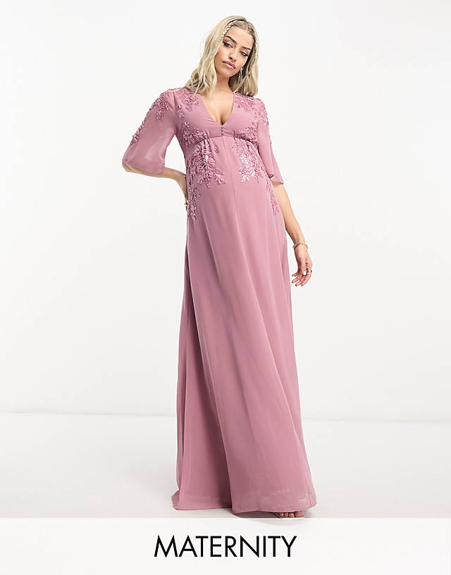 Hope & Ivy Maternity - plunge front embellished maxi dress in mauve