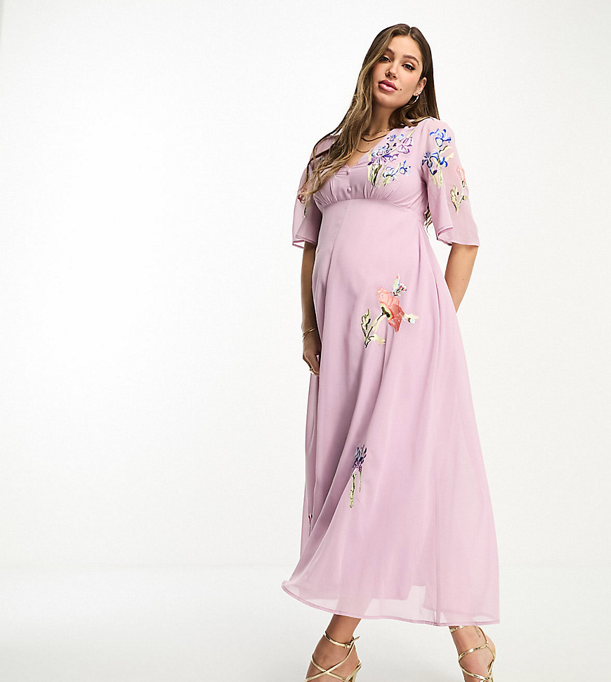 Hope & Ivy Maternity plunge front embroidered maxi dress in lilac-Purple