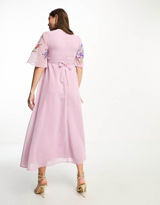 Hope & Ivy Maternity plunge front embroidered maxi dress in lilac | ASOS