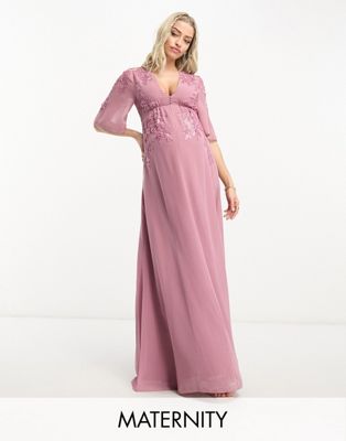 Hope & Ivy Maternity Plunge Front Embroidered Maxi Dress In Mauve-pink